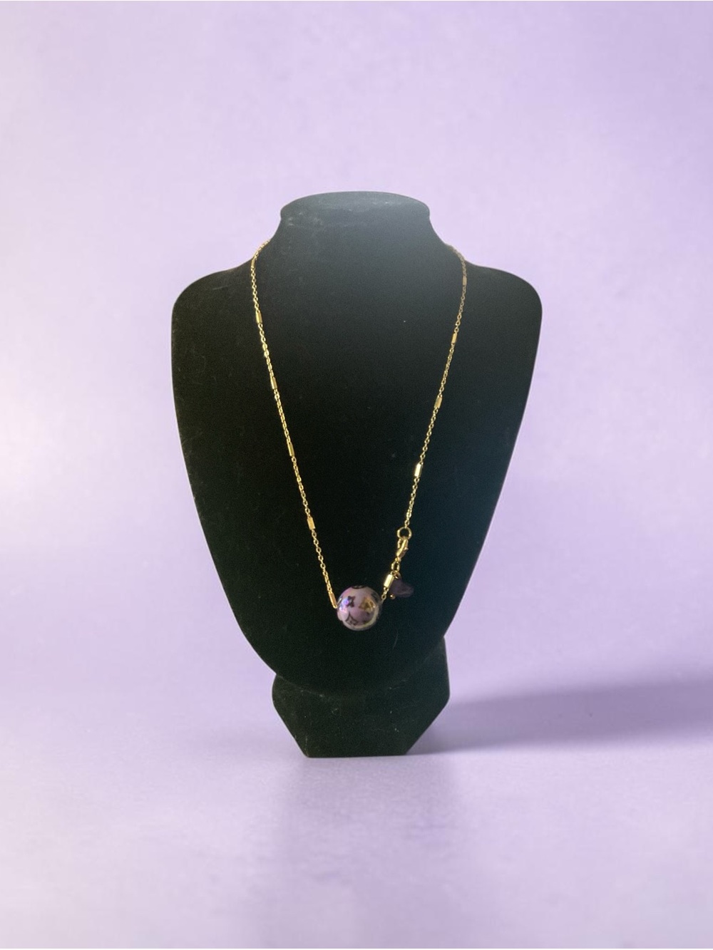 Gold Chain Necklace with Purple Floral Bead Pendant